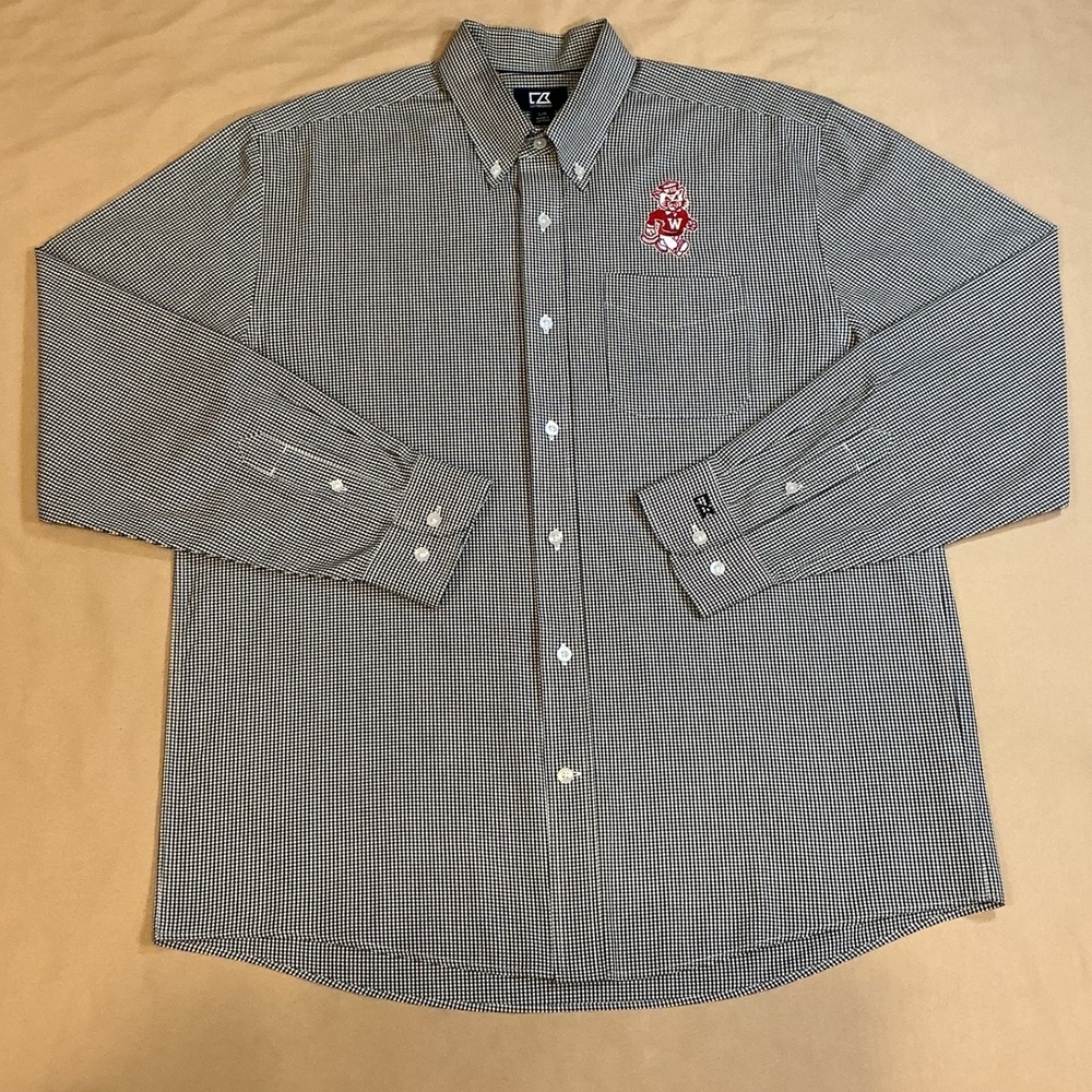 Cutter & Buck WSU Embroidered Mascott Blk & Wht Gingham Check Mens L Button-Up‎